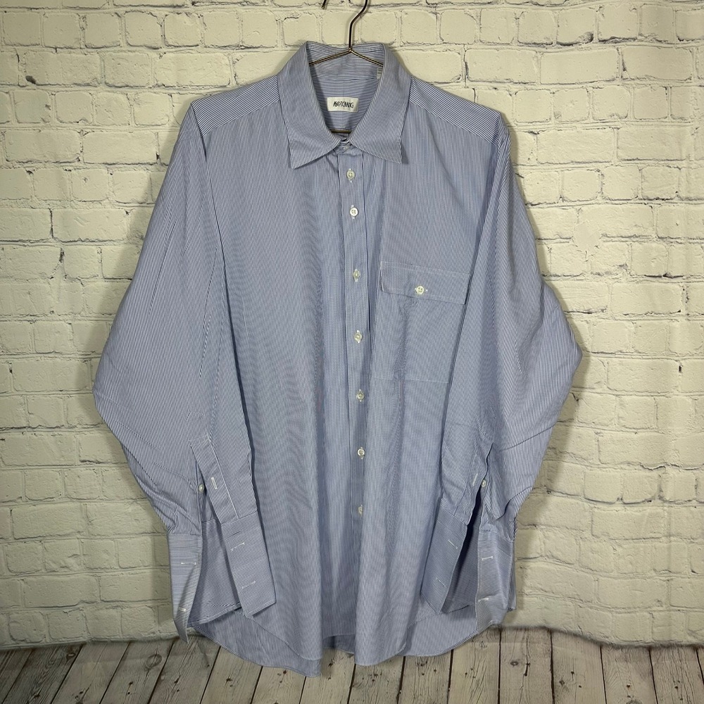 Ascot Chang Mens Blue White Striped Cotton Dress Shirt French Cuff Hong Kong